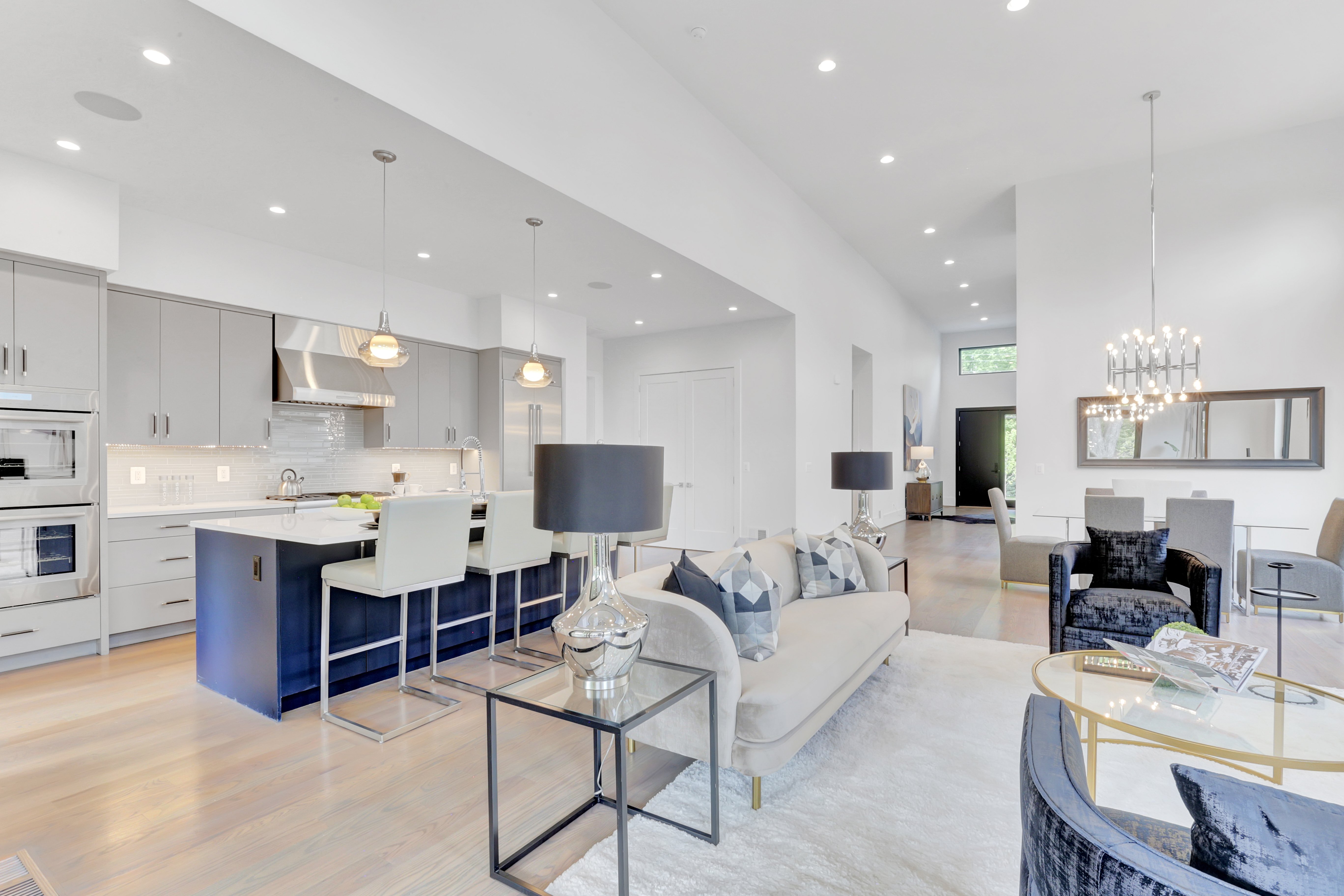 Main Level Living Modern Custom Home by AV Architects and Builders in Northern Virginia Falls Church Tysons Corner Luxury Living Room Great Room Open Concept Floor Plan